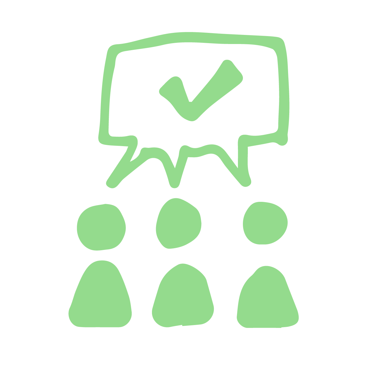 green drawn icon of three people's busts with a shared dialogue box of a check mark